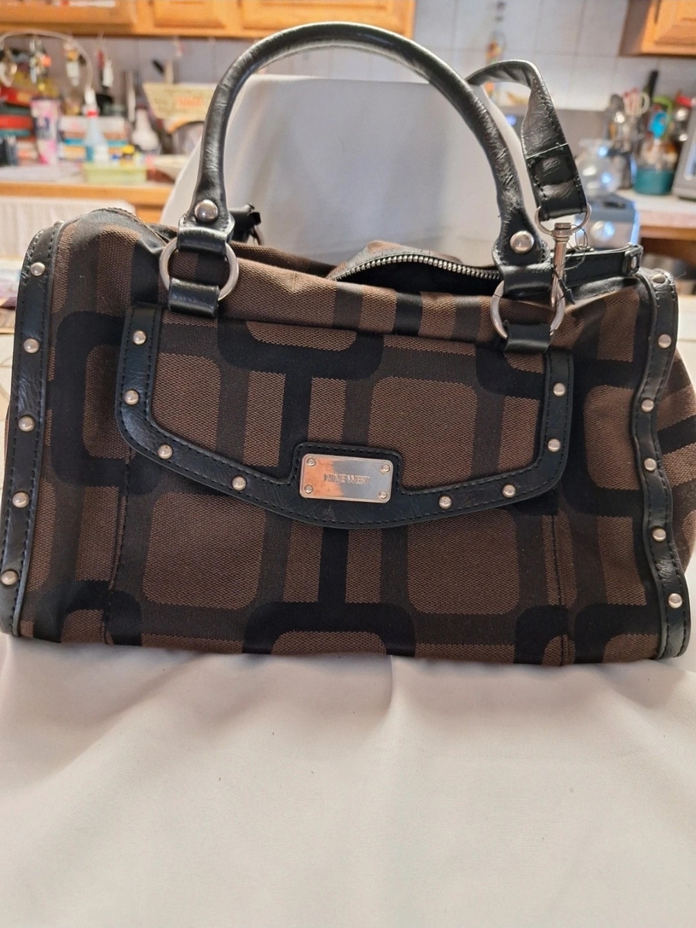 Nine West Brown & Black Geometric Satchel